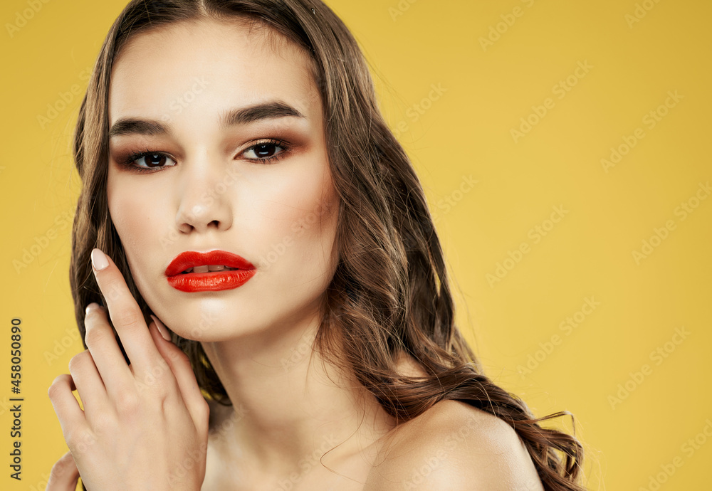 pretty woman bare shoulders luxury yellow background pretty woman bare shoulders luxury yellow background
