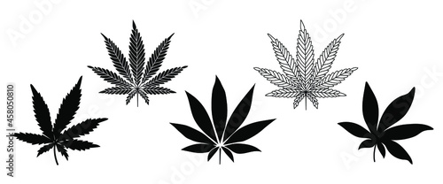 Set of cannabis leaves, silhouette plants, plant design. Vector illustration