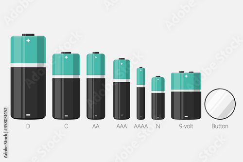 Alkaline Battery Icons Set with different energy voltage and size on White Background. Vector
