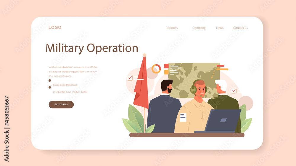 Fototapeta premium Soldier web banner or landing page. Millitary force employee in camouflage