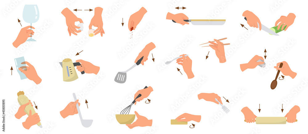Set of chef or cooker hands showing different gestures. Young caucasian