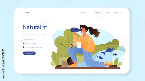 Zoologist web banner or landing page. Scientist exploring and studying fauna