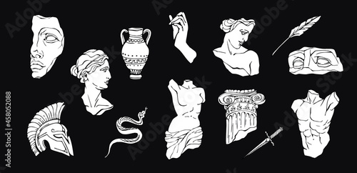 Set of antique marble statues with broken elements. Greek classic ancient of Venus, amphora. Modern tattoo and logo. Hand drawn mythical trendy Vector