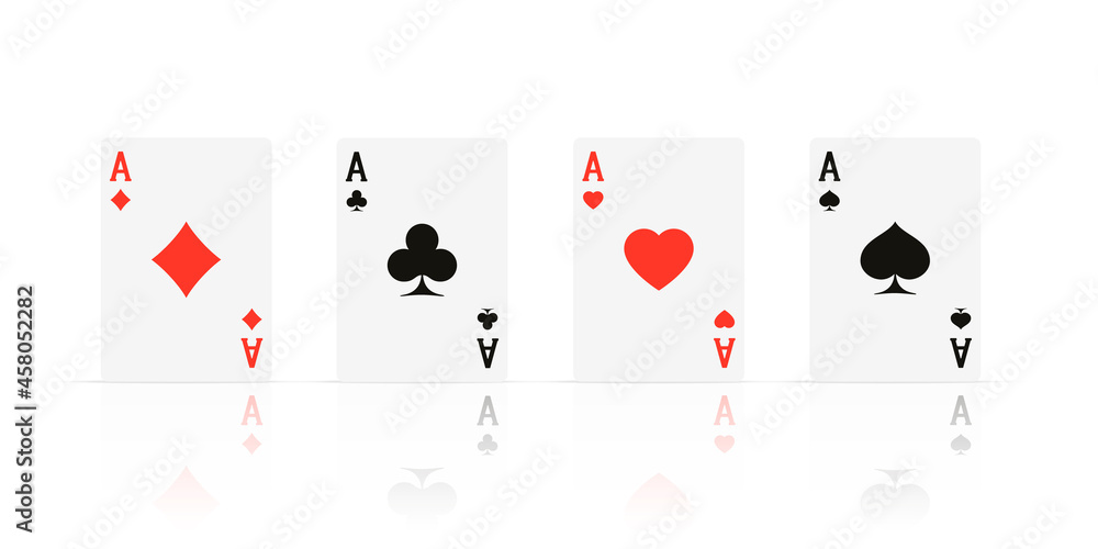 Quads. Ace design cazino game element with transparent reflection. Poker or blackjack realistic card. Vector Quads. Ace design cazino game element with transparent reflection. Poker or blackjack realistic card. Vector