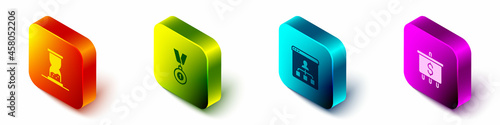 Set Isometric Old hourglass with sand, Medal, Online education and Target dollar icon. Vector