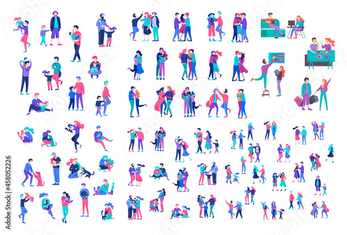 Collection of cartoon people. Family spend time together, happy parents with children. Business team and office workers. Couple at home and people with pets. Vector