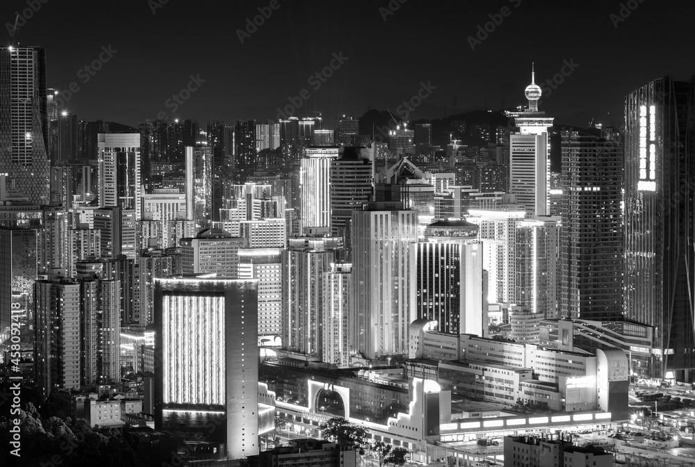 Night scenery of high rise buildings in Shenzhen city, viewed from Hong Kong border