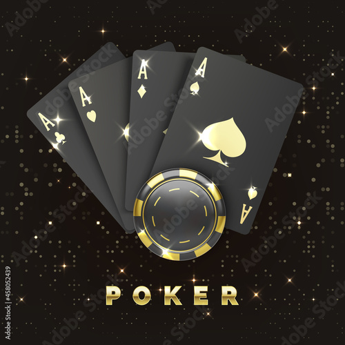 Four black poker cards with gold suit and casino chip. Quads or four of a kind by ace and gambling chip. Casino banner or poster in royal style. Vector