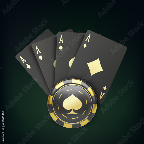 Four black poker cards with gold suit and casino chip. Quads and gambling chip. Casino banner or poster in royal style. Vector