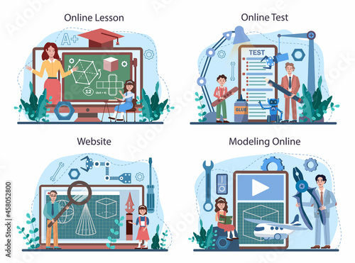 Crafting and modeling school course online service or platform set.