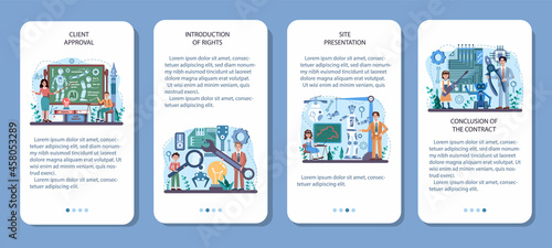 Robotics school subject mobile application banner set. Students learning