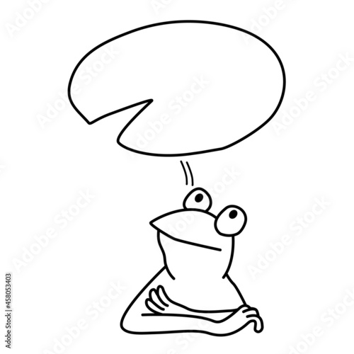 Hand drawn doodle illustration of thinking frog with speech bubble on a white background.