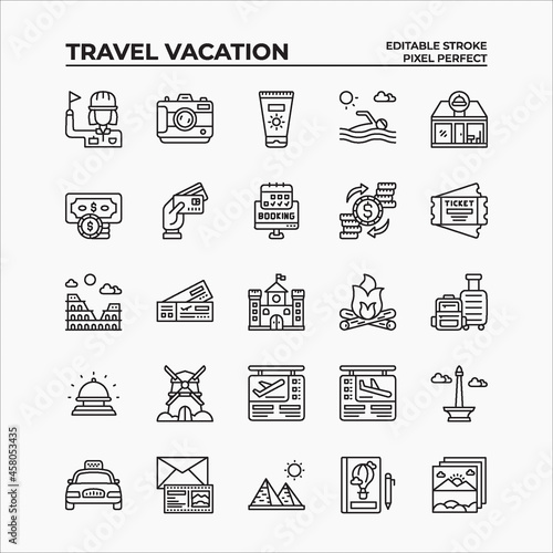Icon Set of Travel Vacation. Outline black icons vector. Contains such of travel guide, historic sites, method payment and more. You can use for web, app, user interface and more. Editable Stroke.
