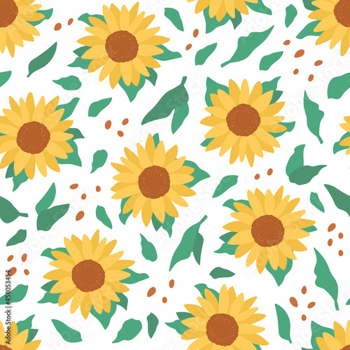Vector seamless pattern with sunflower and green leaves. Botanical design conceptr for textile, print materials, sketchbook cover. Hand drawn doodle illustration with flowers