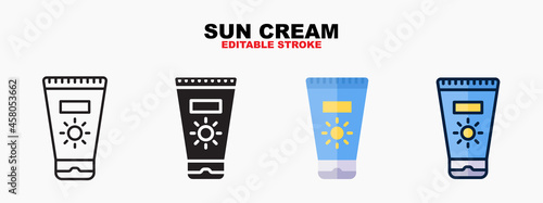 Sun Cream icon set with different styles. Icons designed in filled, outline, flat, glyph and line colored. Editable stroke and pixel perfect. Can be used for web, mobile, ui and more.