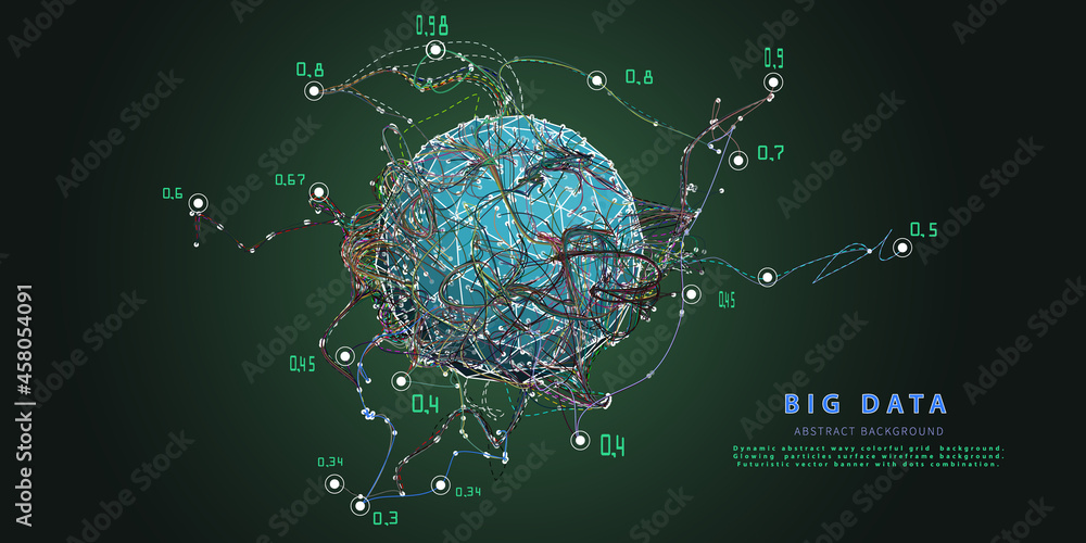 Abstract background with chaotic dashed lines connecting dots of sphere. Analytics algorithms data.  Quantum cryptography concept. Banner for business, science and technology. Big data.