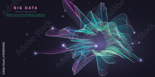 Abstract technology background with polygonal chaotic grid color on dark . Analytics algorithms data. Computing cryptography concept. Banner for business, science and technology. Big data.