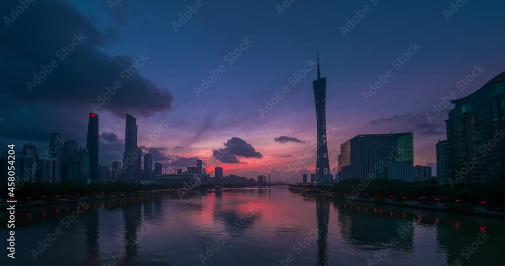 Timelapse of Guangzhou city in China on sunset. Canton tower, river and clouds Timelapse of Guangzhou city in China on sunset. Canton tower, river and clouds