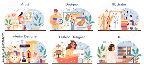Artistic occupation set. Designer, dancer, artist, musician, florist