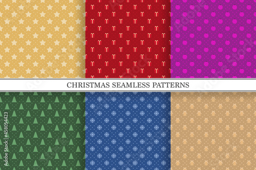 Collection of christmas seamless colorful patterns. Bright holiday backgrounds with xmas elements. Trendy repeatable celebration prints