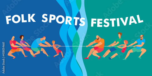 Folk Sports Festival. Teams of different men, adults, children pull the rope in different directions. Vector graphics