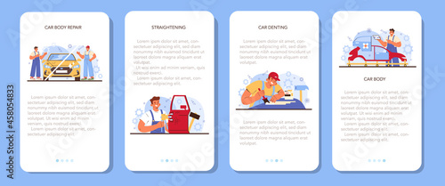 Car service mobile application banner set. Automobile got fixed in garage