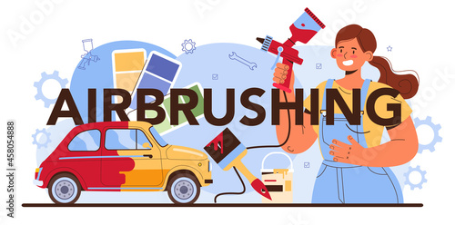 Airbrushing typographic header. Mechanic in uniform paint a body