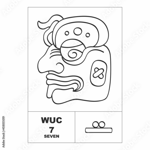 Vector icon with Mayan numerals. Mayan head glyph Wuk and maya symbol number seven