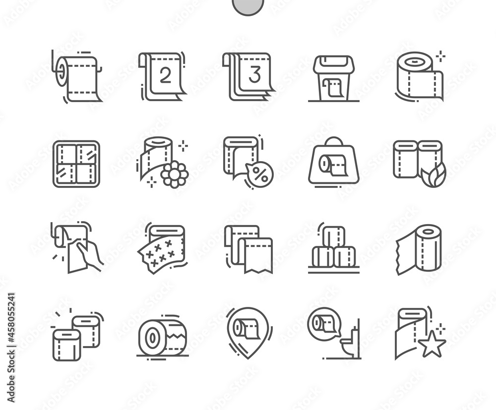 Toilet paper roll. Eco friendly toilet paper. Restroom, household, hygienic, material, scroll. Waste bin. Pixel Perfect Vector Thin Line Icons. Simple Minimal Pictogram