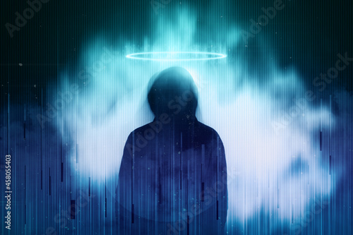 Silhouette of a mysterious figure with a glowing halo above their head, surrounded by a glitch, blue neon edit.