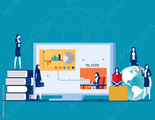 Business student are studying around a large computer monitor. Business vector concept