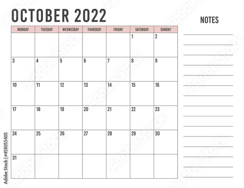 Calendar October 2022 with simple landscape design