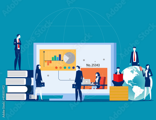 Business student are studying around a large computer monitor. Business vector concept