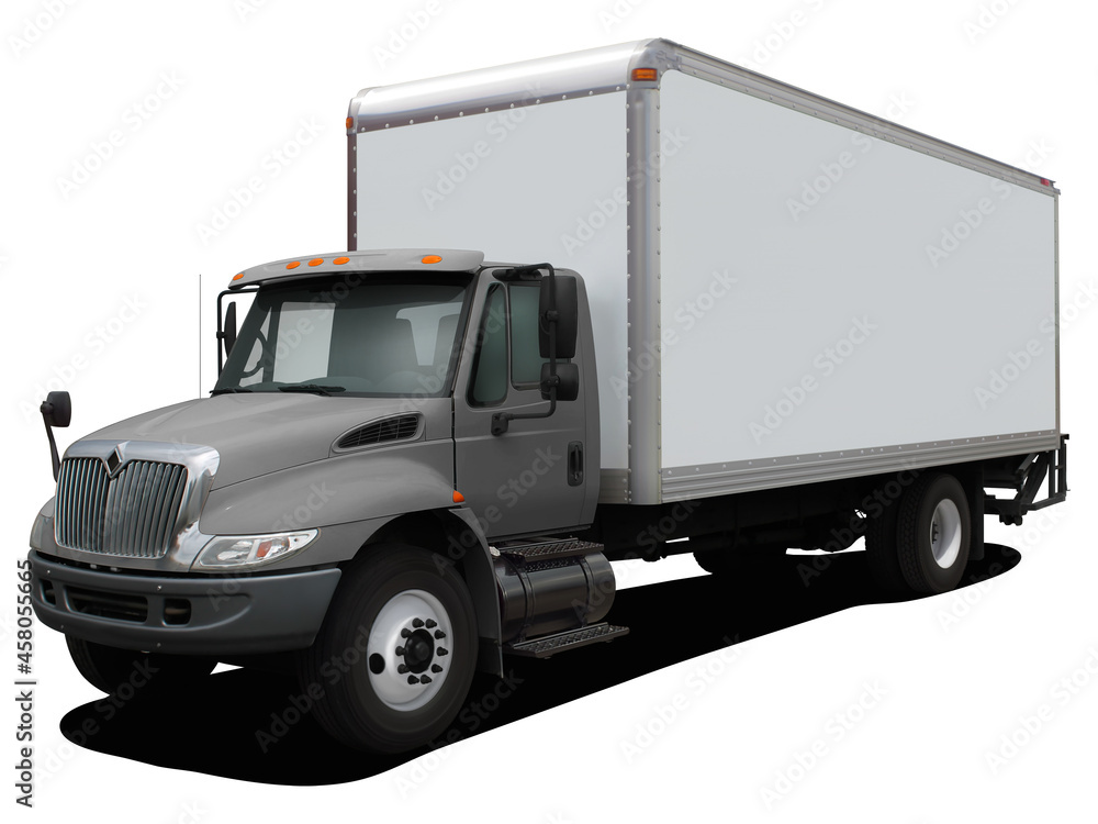 Modern delivery truck with a gray cab. Front side view isolated on white background. Modern delivery truck with a gray cab. Front side view isolated on white background.