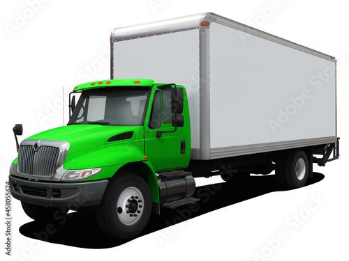 Modern delivery truck with a green cab. Front side view isolated on white background. photo