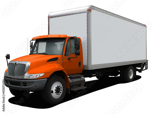 Modern delivery truck with a orange cab. Front side view isolated on white background. photo