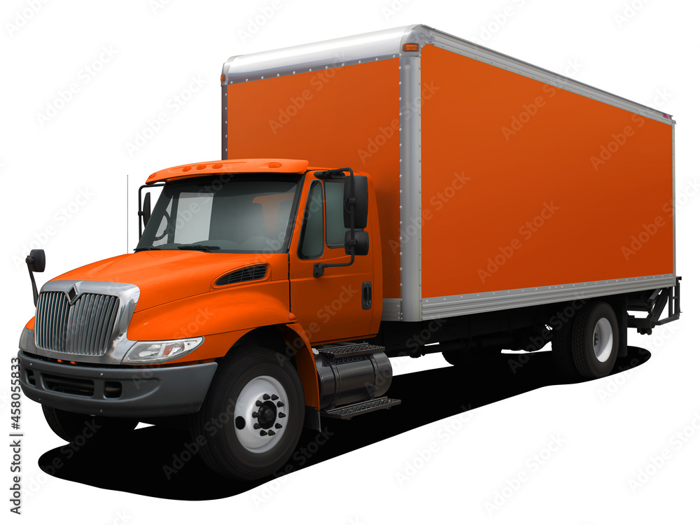 The modern delivery truck is completely orange. Front side view isolated on white background. The modern delivery truck is completely orange. Front side view isolated on white background.