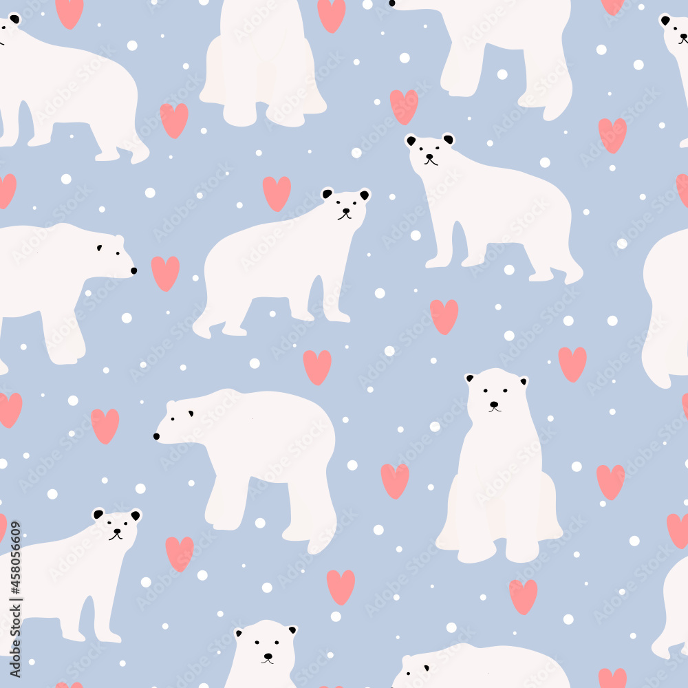 Seamless Valentine pattern with polar bear, heart and winter snow on blue background.Vector seamless winter pattern with white polar bears