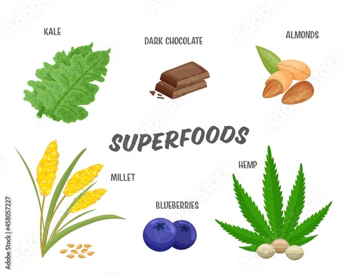 Superfoods set, vector illustration. Healthy nutritious products, design elements isolated on white for advertisement