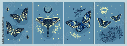 Esoteric wall art vector set. Artistic drawing of the foliage line with an abstract shape and butterflies. Plant art design for printing, cover art, wallpaper.