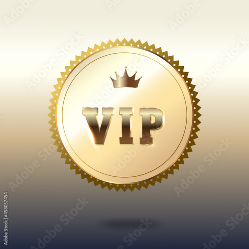 VIP pass button in a gold frame with a crown. Vector illustration.
