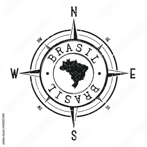 Brazil Stamp Map Compass Adventure. Illustration Travel Country Symbol. Seal Expedition Wind Rose Icon.
