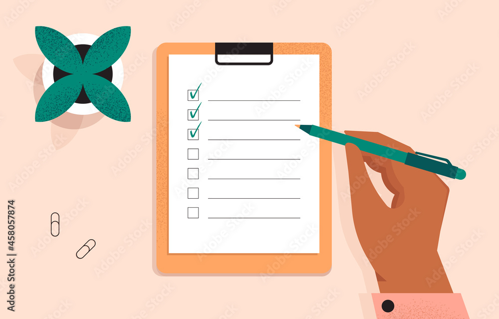 Clipboard with a checklist on a white sheet of paper. Hand holding a pen and writing. Check list, to do, questionnaire concept. Document on the desk. Top view. Isolated flat vector illustration - obrazy, fototapety, plakaty 