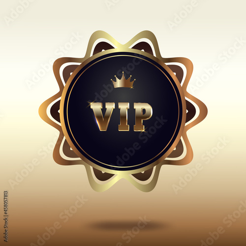 VIP pass in gold setting with a crown. The button is golden with a black background. Vector illustration.