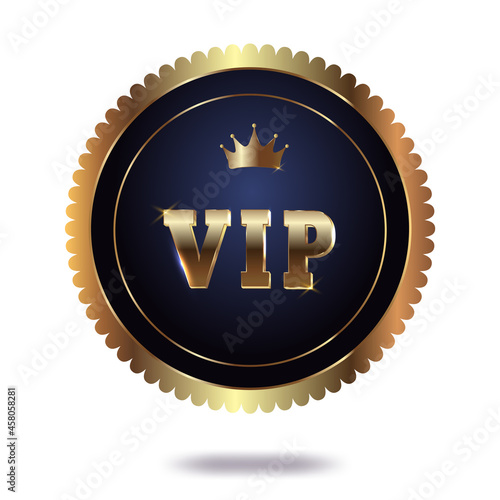 Gold-rimmed VIP pass with crown. The button is golden with a dark blue background. Vector illustration.