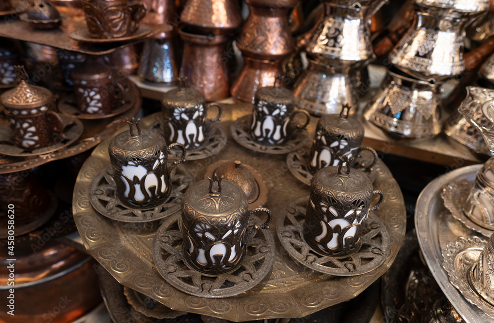 close up of old cup set in turkish bazaar in gaziantep close up of old cup set in turkish bazaar in gaziantep