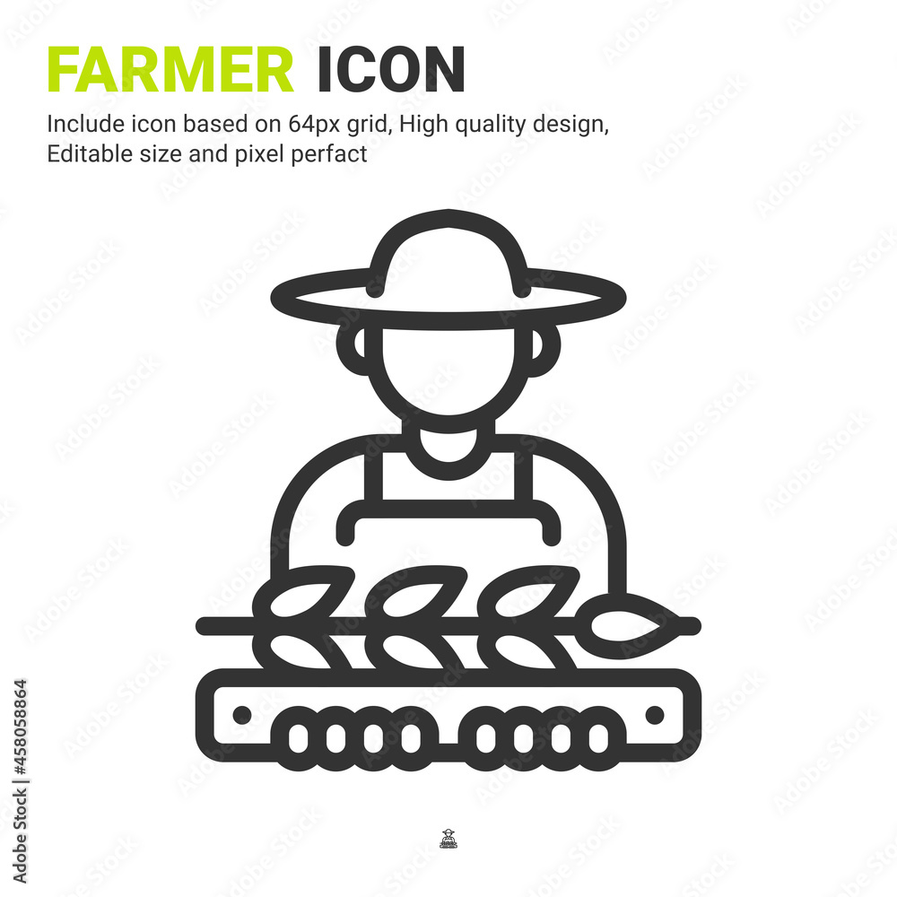 Farmer with wheat icon design outline style isolated on white background. Vector illustration peasant sign symbol icon concept for digital farming, industry, business, agriculture, apps and project Farmer with wheat icon design outline style isolated on white background. Vector illustration peasant sign symbol icon concept for digital farming, industry, business, agriculture, apps and project