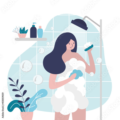 Girl washes with washcloth with shower gel or soap. Shelf with shampoos and skincare products