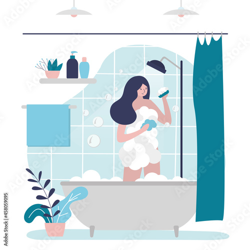 Girl stands in bath and lathers herself with shower gel. Female character bathes with soapy washcloth