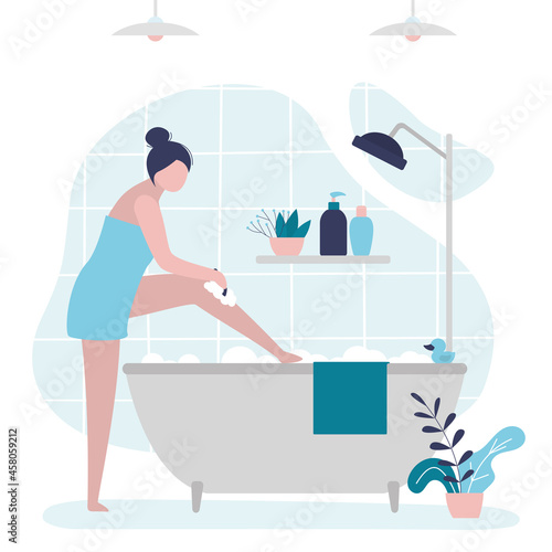 Woman in towel shaves legs in bath. Female character uses razor to remove hair on leg. Depilation and skin care concept